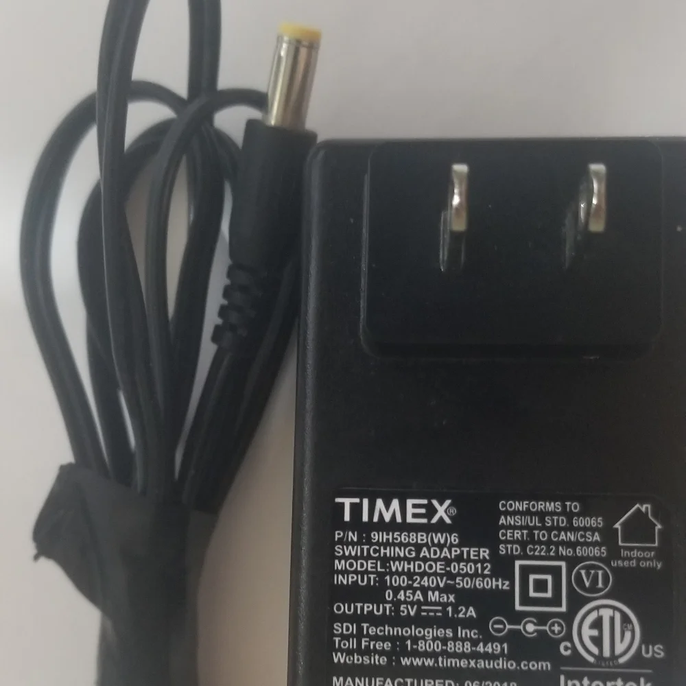 TIMEX Switching Adapter, P/N- 9IH568B(W)6. Model WHDOE-05012, 5V 1.2a